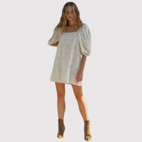 Jen's Pirate Booty Womens Dress Beige Mini Eyelet Puffed Babydoll A Line Small - Picture 1 of 13